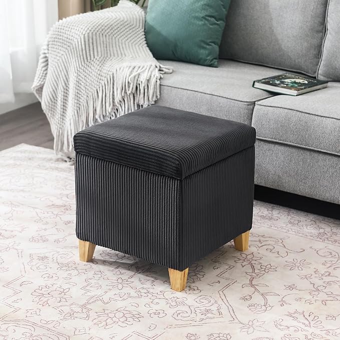 Adeco 18 Inch High Faux Fur Grey Cube Ottoman Storage, Fluffy Striped Velvet Chair Foot Stools, Small Bench Upholstered Vanity Stool with Hinged Lid, Solid Wood Legs-Ruum Studio Home