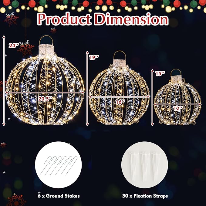 Tangkula Christmas LED Light Balls for Tree (3 Pack), Outside Lighted Sphere with 180 Warm White & 180 Cold White Lights, Holiday Lighted Decorations, Christmas Sphere Balls for Indoor Outdoor Decor-Ruum Studio Home