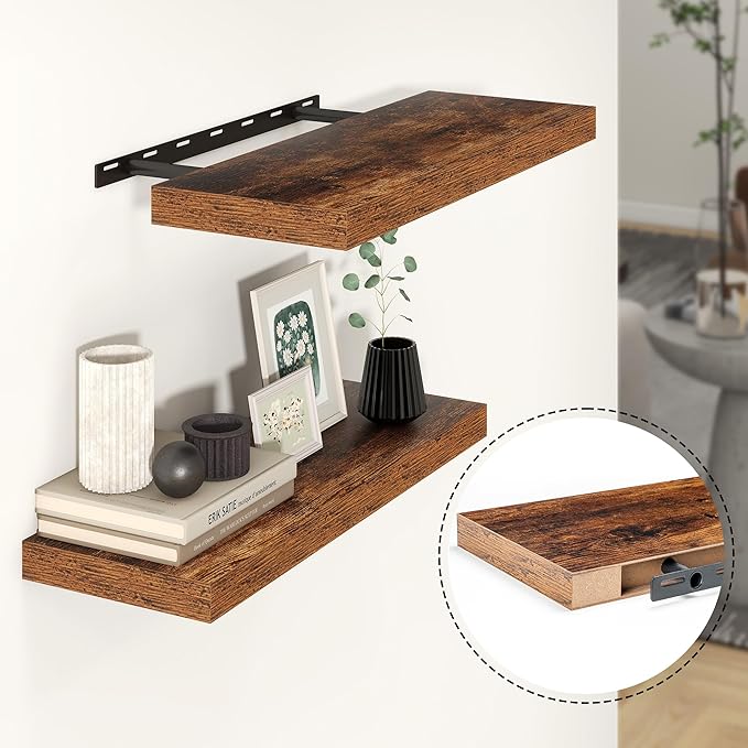 Heimlove 24 inch Floating Shelves for Wall,9.3 inch deep Brown Bathroom Over Toilet Shelf,Wall Mounted Rustic Wood Shelves for,Bedroom,Living Room,Kitchen,Office Decor Set of 2-Brown-Ruum Studio Home