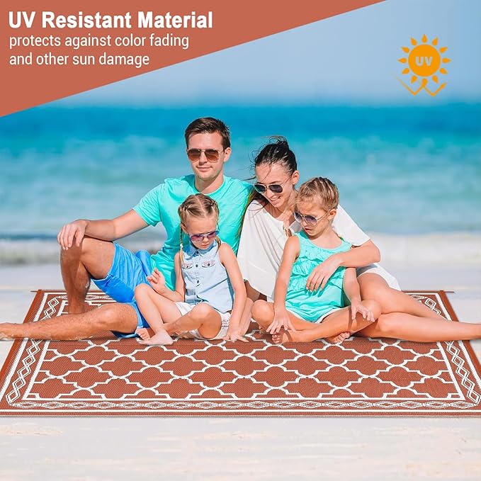 GAOMON Reversible Outdoor Rug 9'x18' Waterproof Plastic Straw Rug, Patio Rug, Large Modern Area Rug Carpet, Indoor Outdoor Rugs for Camping, Porch, Deck, Balcony, Backyard, Orange/White(Geometric)-Ruum Studio Home