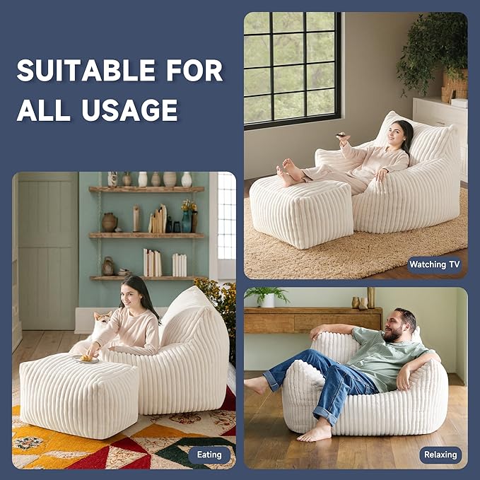 Giant Bean Bag Chairs for Adults, Oversized Chaise Lounge Chair Indoor with Memory Foam - Plush Boneless Lounger & Ottoman for Bedroom, Living Room, Gaming & Reading, Lazy Floor Sofa Chair, Beige-Ruum Studio Home