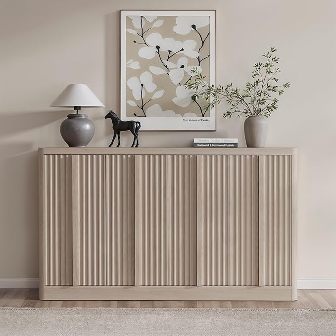 Fluted Buffet Cabinet with Storage, 60" Sideboard Buffet Accent Cabinet with 4 Door & Solid Wood Handle, Modern Buffet Table Credenza Console Cabinets for Living Room, Dining Room, Kitchen, Oak(1PCS)-Ruum Studio Home
