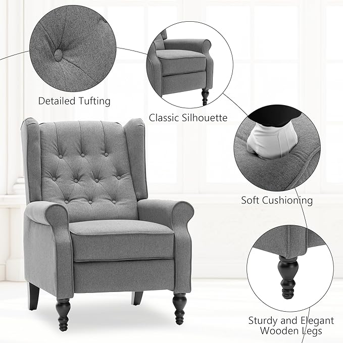 Mid Century Wingback Recliner Chair for Adults, Modern Linen Fabric Push Back Recliner Chairs with Button Tufted Upholstered Back & Footrest, Manual Recliner Chais for Living Room, Nursery, Gray-Ruum Studio Home