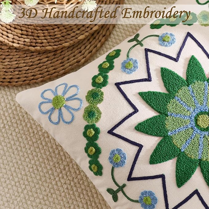Embroidered Throw Pillow Cover 18x18 Classic Boho Floral Pattern Pillows Cover Outdoor Decorative Pillowcase,Durable Cozy Textured Cushion Case for Sofa Couch Bed Living Room,Green-Ruum Studio Home