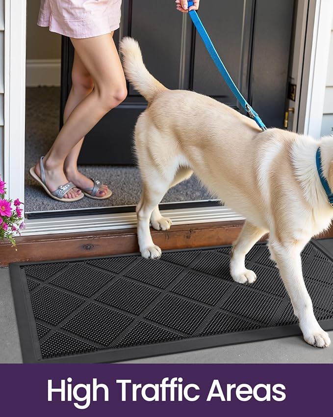 DEXI Front Door Mats Outside Entrance, 17x36 Rubber Waterproof Dirt Trapping Entry Mat for Entryway, Heavy Duty Non-Slip Low-Profile Welcome Doormat All Weather for Patio, Black-Ruum Studio Home