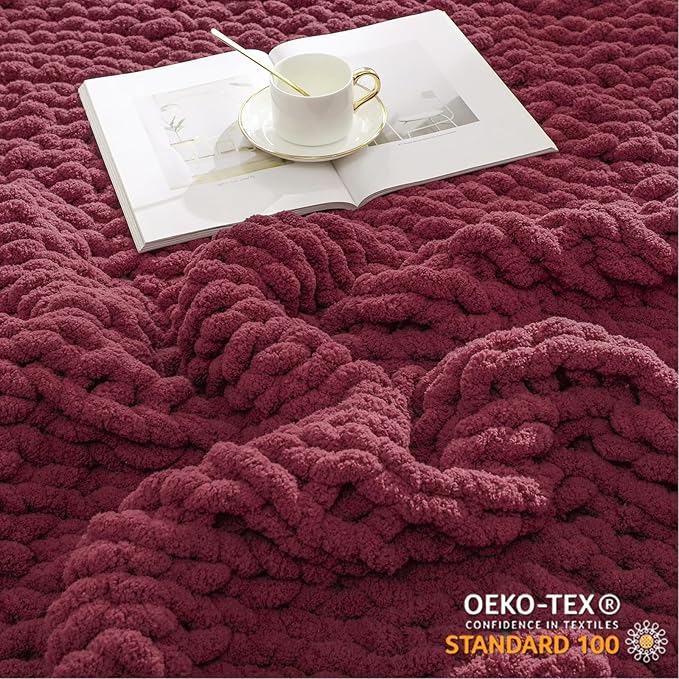 WESHIONGOO Chunky Knit Blanket Throw 50"×60" Knitted Throw Blankets for Couch Bed Fluffy Soft Blanket with Jumbo Chenille Yarn Thick 100% Handmade(Burgundy Red)-Ruum Studio Home