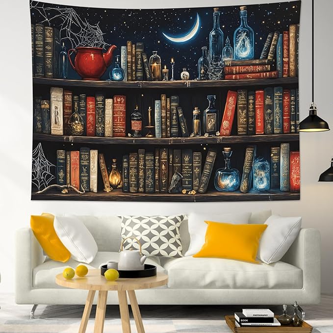 LB Fantasy Bookshelf Tapestry, Horror Spider and Vintage Book with Moon Wall Tapestry for Bedroom Aesthetic, Trippy Galaxy Wall Art for Living Room Dorm Home Decor Ready to Hanging, 59 x 51 Inches-Ruum Studio Home