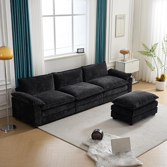 Karl home Sectional Sofa Modular Deep Seat Sofa Couch with Ottoman, Chenille Sofa Sleeper Comfy Upholstered Furniture for Living Room, Apartment, Studio, Office, (3-Seat & 1-Ottoman, Black)-Ruum Studio Home