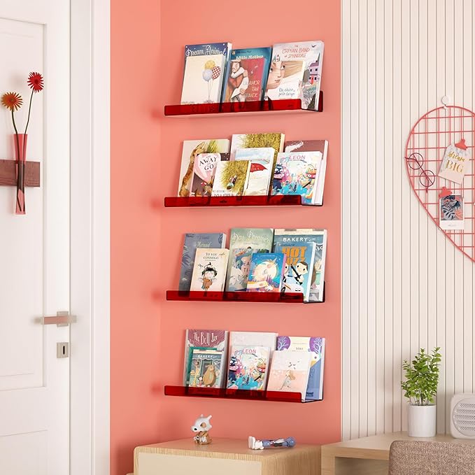 upsimples Acrylic Shelves for Wall Decor, 15" Display Shelf Perfume Organizer for Bathroom, Bedroom, Living Room, Floating Bookshelves for Kids, Clear Red, 4 Pack-Ruum Studio Home