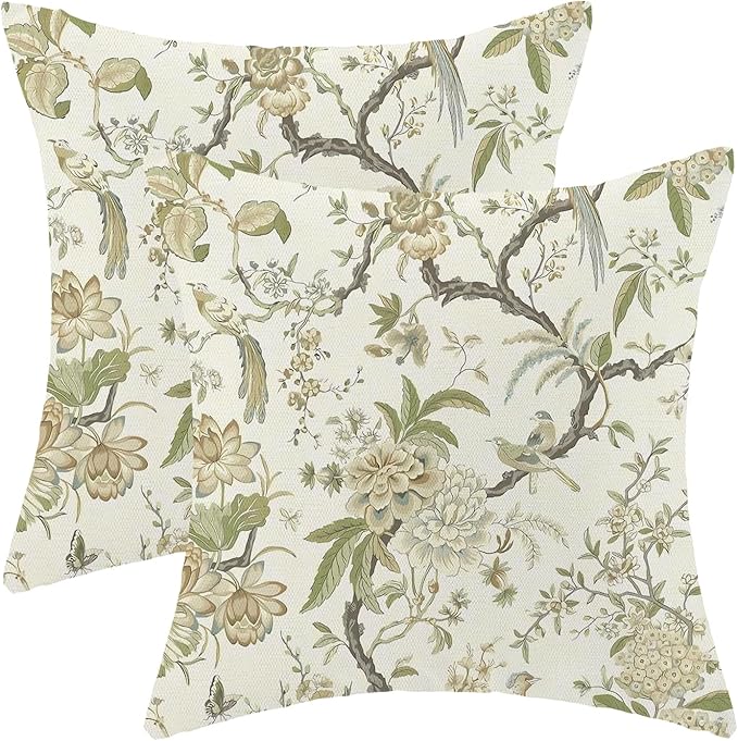 CXMEIFLY Spring Floral Birds Pillow Covers 24 x 24 Inch Set of 2 for Chinoiserie Flowers Decor Throw Pillows Sage Green Plant Outdoor Decorative Cushion Cases for Couch Bed Decorations-Ruum Studio Home