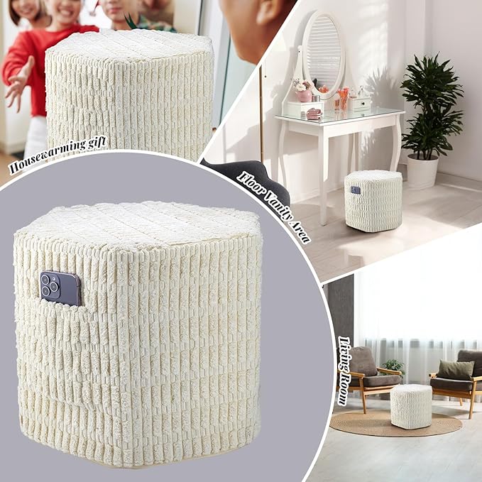 Hexagon Pouf Ottoman Stuffed with 2 Pockets & Handle, Comfort Corduroy Poufs, Non-Slip Foot Stool Storage Ottoman, Foam Floor Poufs Foot Rest for Couch, Bedroom (Beige)-Ruum Studio Home