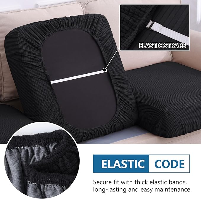 hyha Waterproof Sectional Couch Covers, Non Slip Sofa Couch Cushion Covers L Shape, Thick Stretch Jacquard Fabric, Washable Sofa Slipcovers with Elastic Bottom (1 Piece for Chaise XL, Black)-Ruum Studio Home
