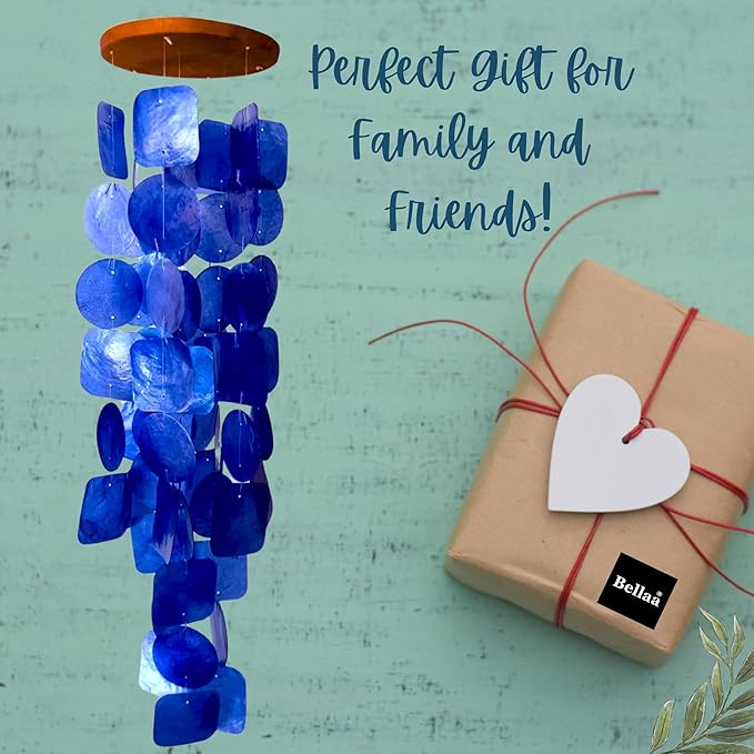 Bellaa 27918 Wind Chimes Outdoor, Garden Decorations, Musical, Indoor/Outside Windchimes, Beach, Ocean Breeze, Gifts for Mom, Gift for All Occasions, Capiz Sea Glass Shells Wood Blue 27 inch-Ruum Studio Home