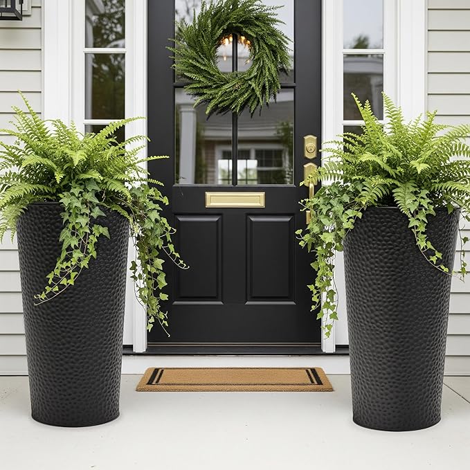 Worth Garden 2-Pack 28" H. Metal Planter with 2X Inside Pots - Hand-Hammered Texture Tall Narrow Tapered Plant Pots - Large Handcrafted Flower Pot for Indoor Outdoor, Deck, Patio, Front Porch (Black)-Ruum Studio Home