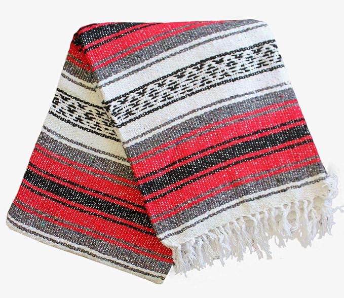 Del Mex Classic Mexican Blanket, Large Authentic Woven Falsa Throw (70"x50"), Artisan Southwest Décor for Beach, Yoga, Outdoors (Red)-Ruum Studio Home
