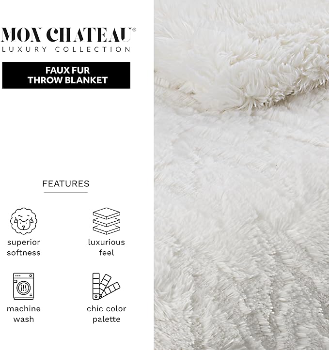 Mon Chateau Premium Reversible Queen Size Luxury Faux Fur Throw for Couch, Sofa, or Queen Size Bed - Plush Cozy Soft Blanket for Sleeping or Home Décor, 60" x 70" (Ivory Jacquard)-Ruum Studio Home