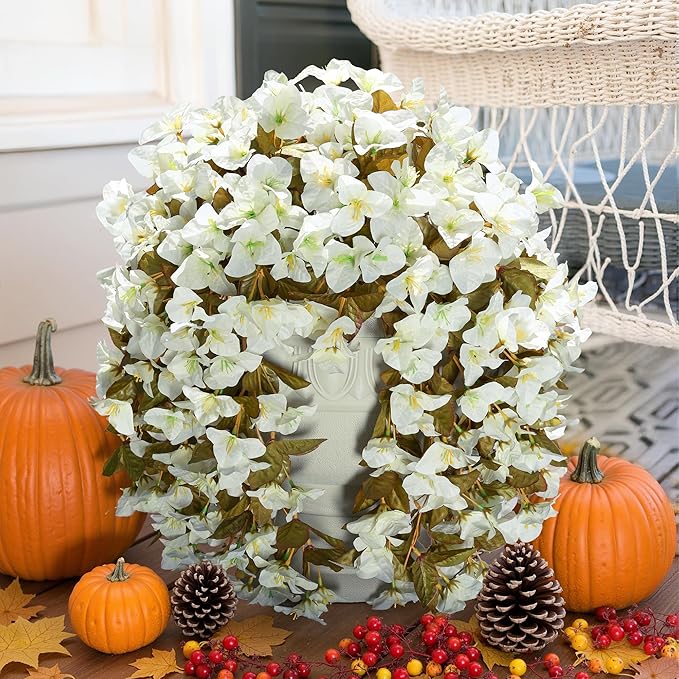 Bougainvillea Artificial Flowers Plants for Outdoors Outside Fall Autumn Decoration, 2 pcs Faux Silk Long Trailing Vines UV Resistant Look Real White Fake Flowers for Front Door Porch Planter Urn Yard-Ruum Studio Home