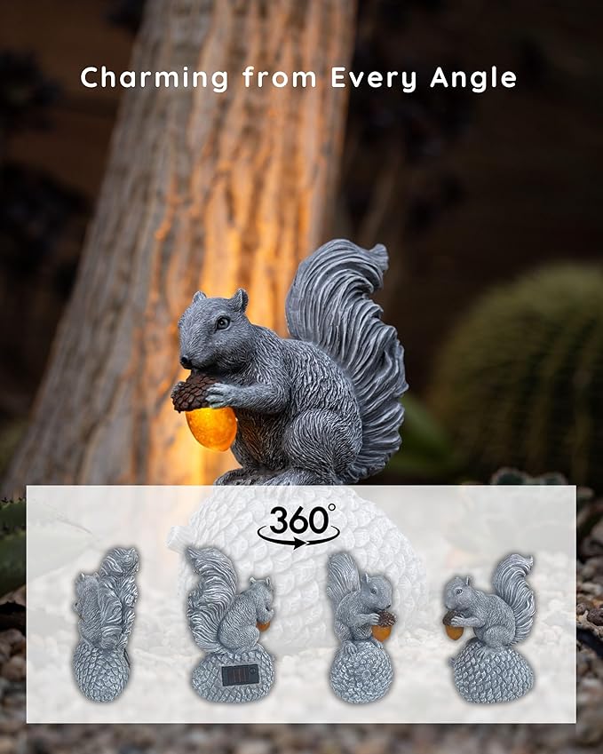 Solar Garden Statue – Hand-Painted Resin Squirrel on Pinecone with Glowing LED Acorn – Charming Yard, Patio & Balcony Decor – Gift for Mom, Grandma & Garden Lovers-Ruum Studio Home