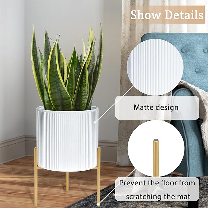 ARNIS Modern Plant Pots, Set of 2 Round Large Planters with Stand, Large Size Metal Pots with Drainage Holes for Living Room, Office, Garden or Balcony, 10.5 &12.25 Inch, White & Gold-Ruum Studio Home