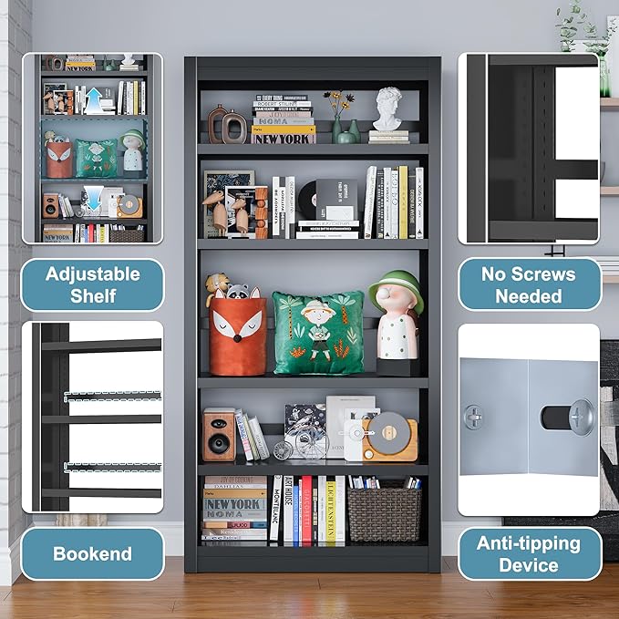 Bookcase, 5-Shelf Industrial Bookshelf, Large Storage Space, Adjustable Bookshelves, Perfect for Living Room, Home Office, Garage, Ideal for Home Office Upgrade-Ruum Studio Home