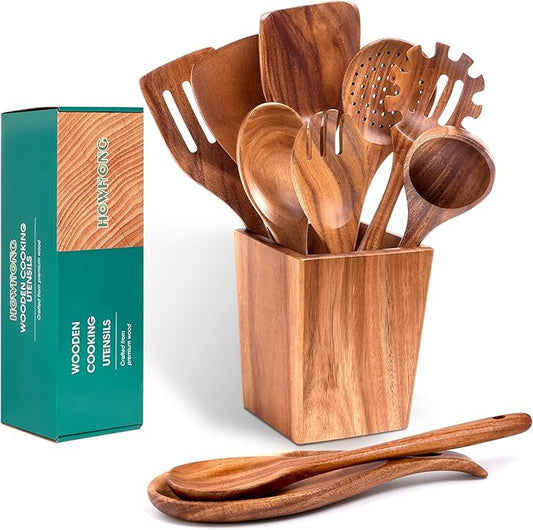 Wooden Spoons for Cooking, Acacia Wood Cooking Utensils Set – 11 Piece Wooden Kitchen Tools with Holder, Spoon Rest, Nonstick Cookware Safe by HOWHONG-Ruum Studio Home