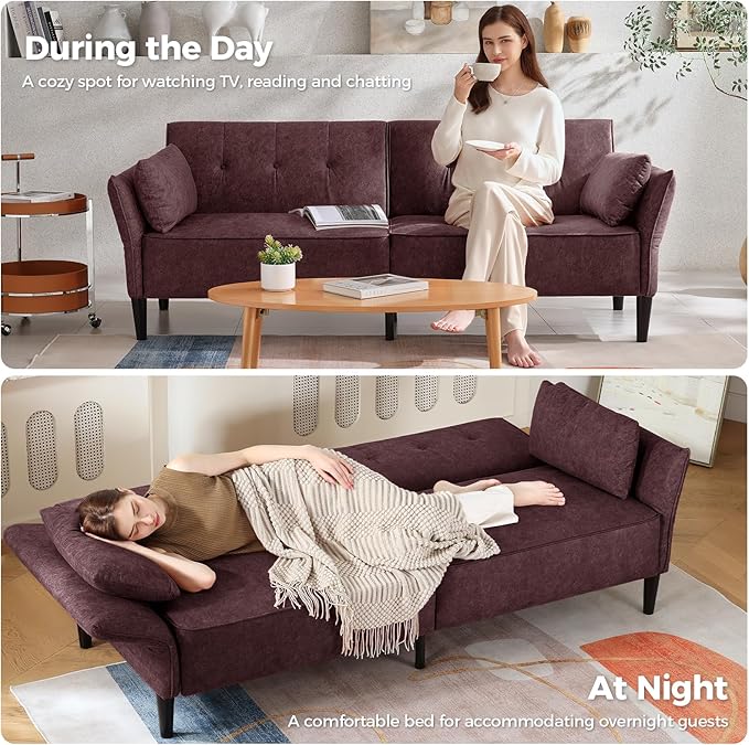 89” Futon Sofa Bed, Velvet Fabric Comfy Futon Couch Bed with 2 Square Pillows, Convertible Sleeper Sofa with Adjustable Backrest& Armrests, Modern Loveseat Sleeper for Living Room, Burgundy-Ruum Studio Home