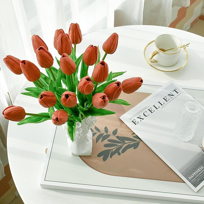 Mandy's Artificial Tulips 20 Stems Terracotta PU Faux Flowers for Wedding Home Decor 13.5 Inch-Ruum Studio Home
