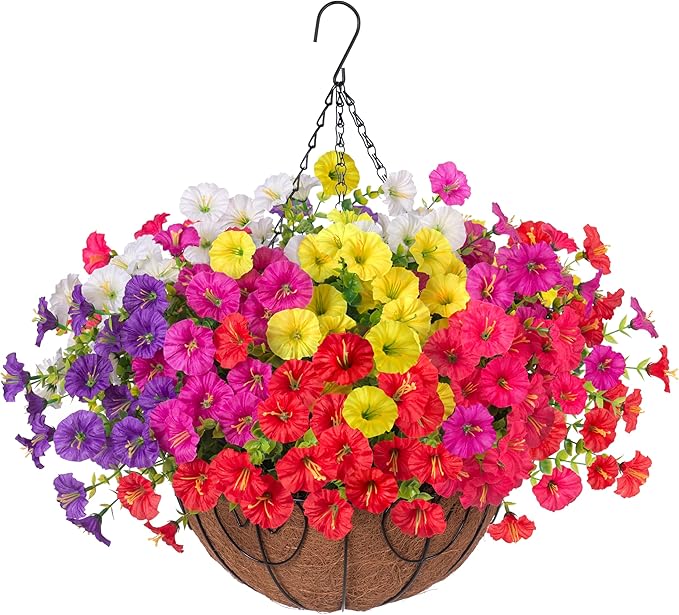 Artificial Faux Hanging Flowers Plants Basket for Outdoors, Silk Morning Glory with Eucalyptus in Planter Look Real UV Resistant Fake Flowers for Porch Outside Patio Balcony Yard Indoor Summer Decor-Ruum Studio Home