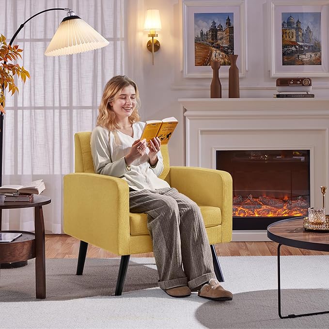 Yaheetech Mid-Century Accent Chairs, Modern Upholstered Living Room Chair, Cozy Armchair Button Tufted Back and Wood Legs for Bedroom/Office/Cafe, Yellow-Ruum Studio Home