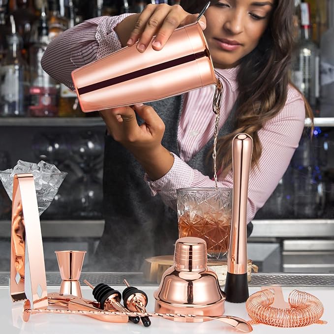 Cocktail Shaker Set, Mixology Bartender Kit 10-Piece Bar Tool Set with Stylish Bamboo Stand, Bar kit: Matini Shaker Mixing Spoon Muddler Jigger Cocksrew for Barware Set | Rose-Ruum Studio Home