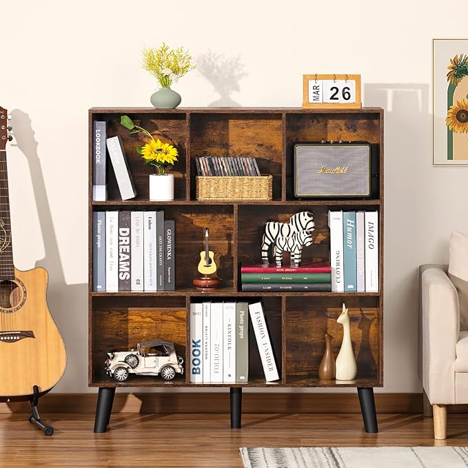 LEYAOYAO 8 Cube Bookshelf,3 Tier Bookcase with Legs,Rustic Brown Mid-Century Modern Bookshelves,Large Open Storage Organizer Shelf, Wooden Book Case-Ruum Studio Home