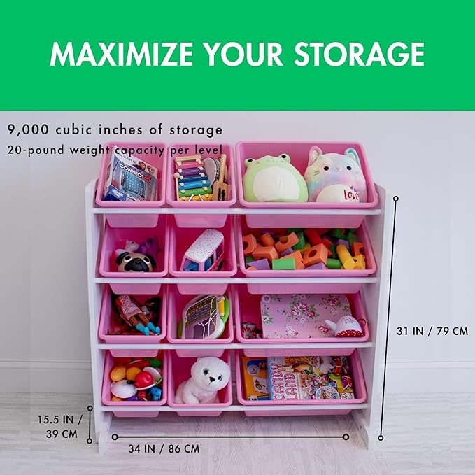 Humble Crew Kids Toy Storage Organizer with 12 Plastic Bins, White/Pink – Removable Bins for Playroom, Bedroom, Toddler Furniture for Boys and Girls Ages-Ruum Studio Home