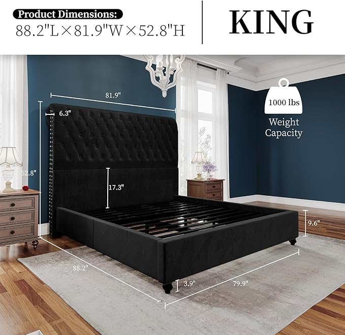 PaPaJet King Bed Frame Upholstered Platform Bed Frame with 52.8'' Tall Sleigh Headboard, Button Tufted, No Box Spring Needed, Easy Assembly, Black-Ruum Studio Home
