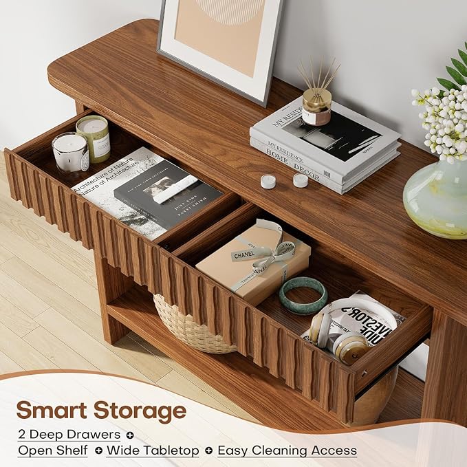 BECHAEO Mid Century Modern Console Table with Drawers, 51" Large 2-Tier Narrow Console Table with Storage Shelf, Sofa Station Behind The Couch, Accent Tables for Entryway, Hallway, Rustic Brown-Ruum Studio Home