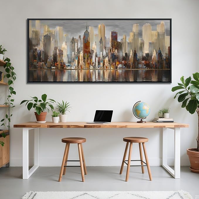 Framed Large Cityscape New York Wall Art Canvas Prints Abstract Brown City Theme Paintings Modern Canvas Wall Art for Living Room Pictures Wall Decor Bedroom Big Size 31x70-Ruum Studio Home