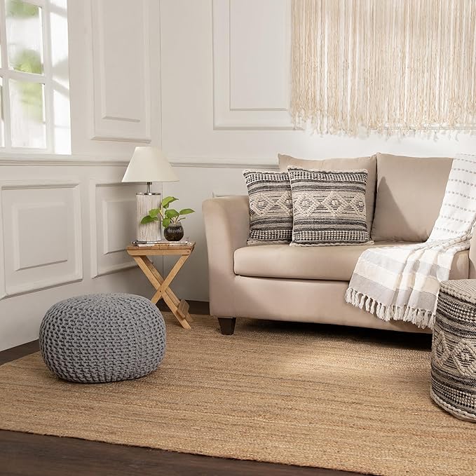 REDEARTH Round Boho Pouf Ottoman - Cable Knitted Cord Boho Pouffe - Stuffed Poof Accent Beanbag Footrest for Living Room - Nursery - Bedroom - Covered Patio - Study Nook (18”x18”x14”) - Gray-S-Ruum Studio Home