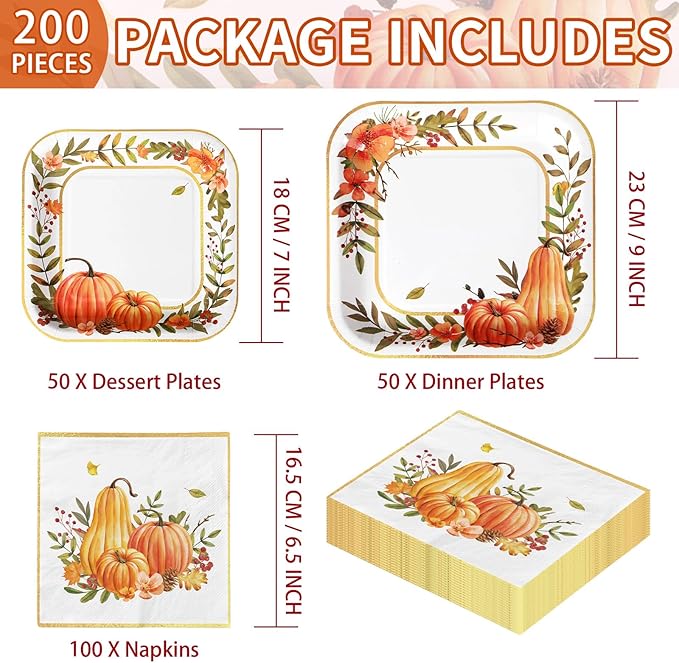 Grencian 200Pcs Fall Plates and Napkins Thanksgiving Plates Pumpkin Flower Wreath Plate Disposable Pumpkin Tableware Fall Party Supplies for Autumn Harvest Thanksgiving Party Decorations, Serves 50-Ruum Studio Home