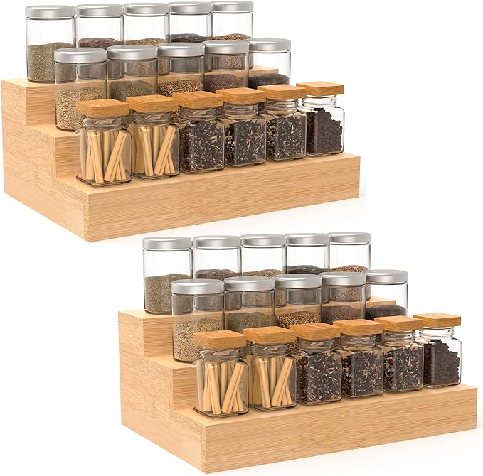 2 Pack Bamboo Spice Rack Organizer for Countertop, 3 Tier Spice Step Shelf for Cabinet (Jars Not Included)-Ruum Studio Home