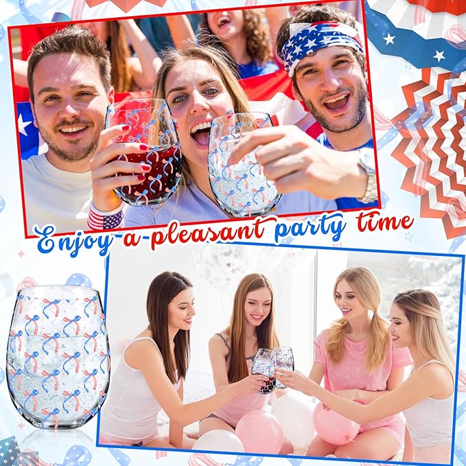 Sliner 2 Pack Patriotic Stemless Wine Glasses 17oz Red Blue Bow Drinking Glasses Independence Day Tumbler Cups for 4th of July Party Supplies Memorial Day Gift Decorations-Ruum Studio Home