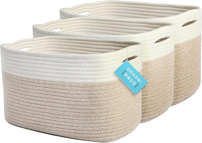 OrganiHaus Set of 3 Woven Storage Baskets for Organizing, Cotton Rope Organizer Bins for Shelves, Closet & Nursery, Dog Toy Basket, Decorative Bins for Toys, Towels & Books - 15x10x9, Light Honey-Ruum Studio Home