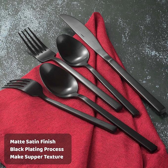 Alata Cube Black 20-Piece Forged Silverware Set Stainless Steel Flatware Set,Service for 4,Matte Satin Polished Cutlery Set,Dishwasher Safe-Ruum Studio Home