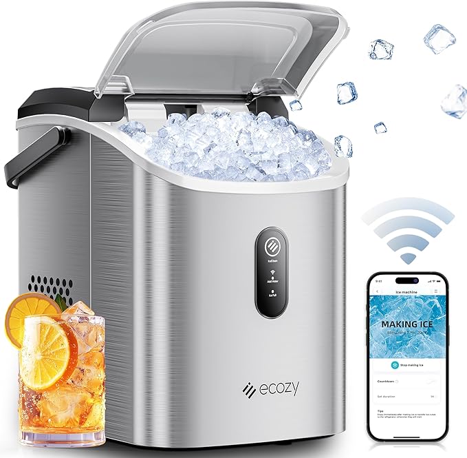 ecozy Smart Nugget Ice Maker Countertop, Portable Pebble Ice Machine with Voice Control, 34lbs/24H Soft Chewable Ice, Self-Cleaning Pellet Ice Maker with APP WiFi for Kitchen Party, Stainless Steel-Ruum Studio Home