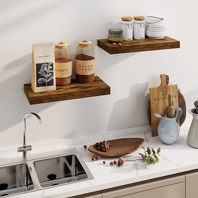Floating Shelves, 8 Inch Deep Floating Shelves, 24"W x 8"D Wall Shelves Set of 2, Rustic Wood Floating Shelf for Home Decor, Deep Storage Shelves for Kitchen, Bedroom, Living Room, Rustic Brown-Ruum Studio Home