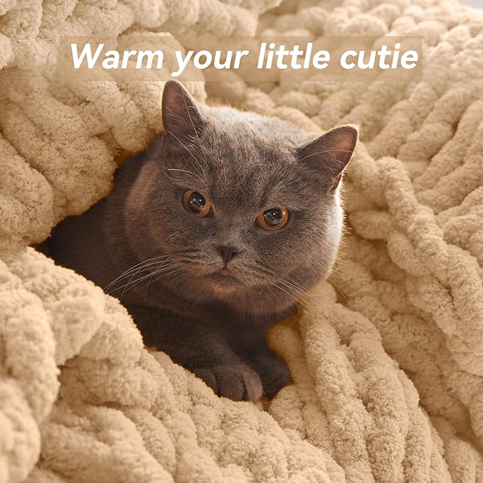 Chunky Knit Throw Blanket, 30''*40'' Knitted Throw Chenille Yarn for Bed Couch, Handmade Beige Crochet Big Thick Blanket, Machine Washable Cute Comfy Blanket for Home Decor-Ruum Studio Home