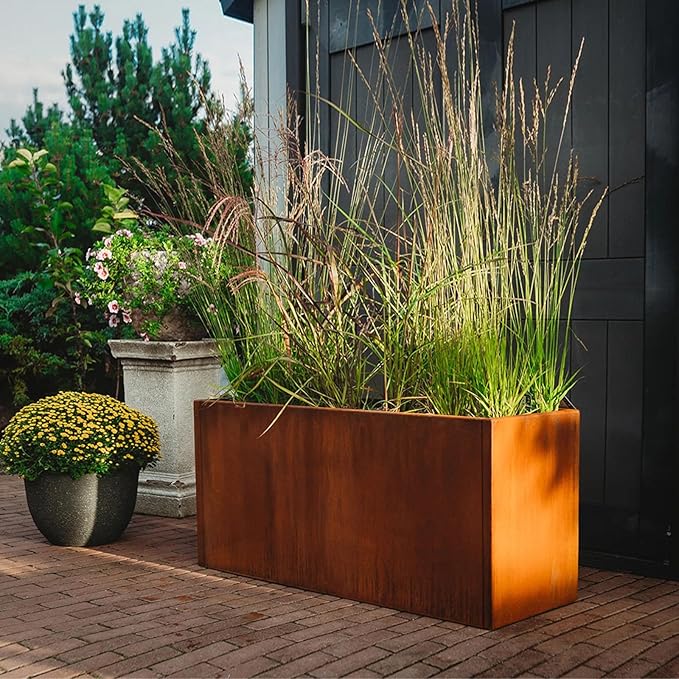 Corten Steel Corner Metal Planter Box Garden Steel Planter Pot for Patio Modern Farmhouse Rustic Design (L32 x W12 x D16, Rusted)-Ruum Studio Home