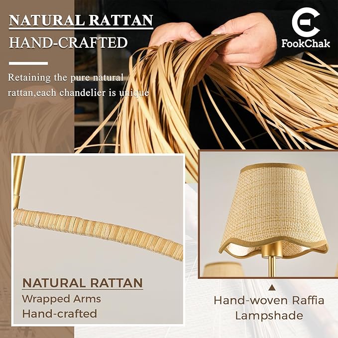 6 Light Boho Rattan Chandelier 44'' Brass Gold Chandelier Light Fixture Hand Woven Dining Room Chandeliers for Entryway Bedroom Living Room Bathroom-Ruum Studio Home