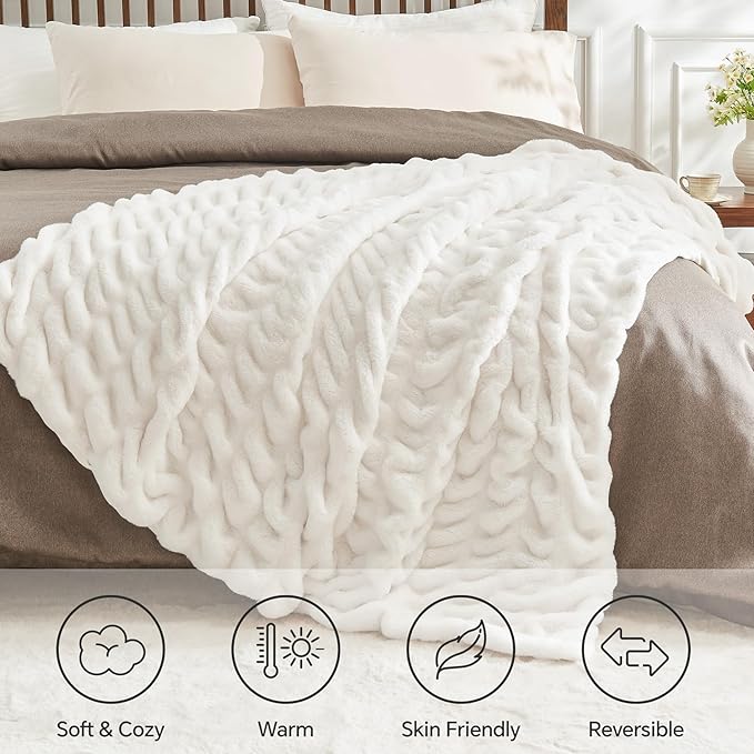 BEDELITE Faux Fur Throw Blanket for Couch, Soft and Cozy Boho Ruched Fluffy Blanket, Warm Plush Fuzzy Faux Rabbit Fur Blanket for Women Gift (Cream, 50"x 60")-Ruum Studio Home