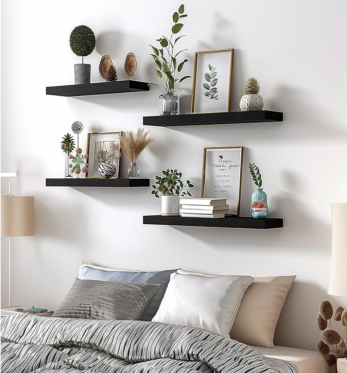 Wood Floating Shelves for Wall Decor, Rustic Wall Shelves for Bedroom Bathroom Kitchen Living Room, Set of 6 Black-Ruum Studio Home