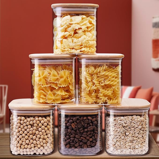 Square Glass Jars with Bamboo Lids 27 FL OZ [Set of 6], Glass Canisters with Airtight Lids, Glass Food Storage Containers for Coffee, Sugar, Tea, Candies, Cookies,Best for Kitchen & Pantry-Ruum Studio Home