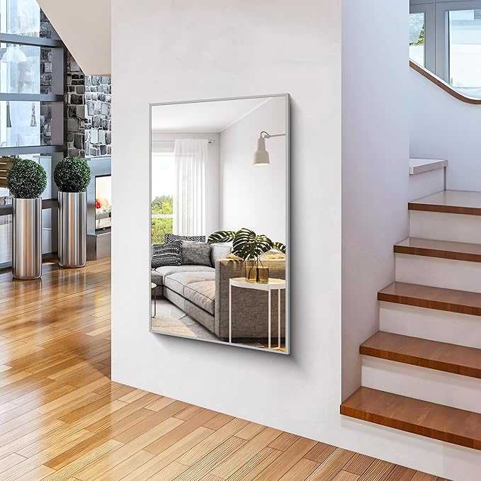 36x55inch Bathroom Mirror, Silver Rectangle Mirror with Thin Metal Frame, Large Rectangular Wall Mirrors for Bathroom, Living Room, Hair Salon, Big Mirror Hang Horizontal/Vertical-Ruum Studio Home